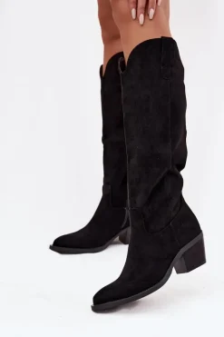 Discount Boto Kozaki Kowbojki Damskie Na Obcasie Z Eko Zamszu Czarne Esmira