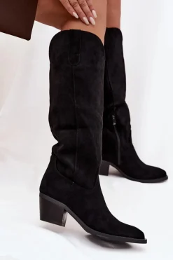 Discount Boto Kozaki Kowbojki Damskie Na Obcasie Z Eko Zamszu Czarne Esmira