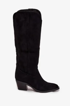 Discount Boto Kozaki Kowbojki Damskie Na Obcasie Z Eko Zamszu Czarne Esmira