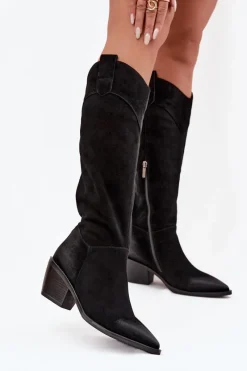 Kozaki Ocieplane|Kozaki Na Słupku>Artiker Kozaki Kowbojki Damskie Na Obcasie Z Naturalnego Zamszu 57C0232 Czarne Czarny