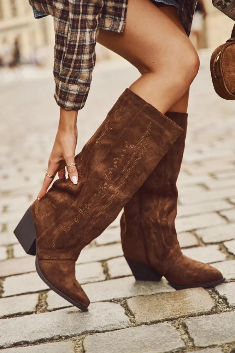 Kozaki Kowbojki Damskie Na Zamek Brązowe Isalina Damskie Kozaki Ocieplane|Kozaki Na Słupku