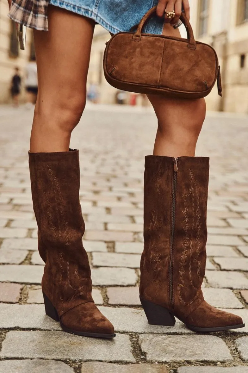 Kozaki Kowbojki Damskie Na Zamek Brązowe Isalina Damskie Kozaki Ocieplane|Kozaki Na Słupku