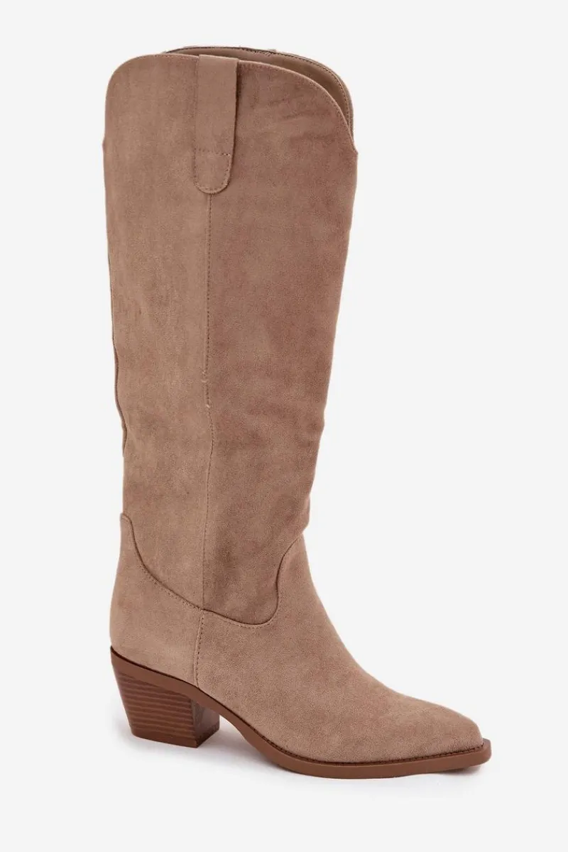 New Kozaki Kowbojki Damskie Na Obcasie Z Eko Zamszu Beżowe Esmira Damskie Kozaki Na Słupku|Kozaki Przed Kolano