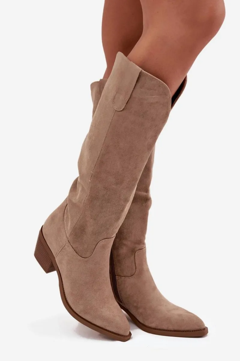 New Kozaki Kowbojki Damskie Na Obcasie Z Eko Zamszu Beżowe Esmira Damskie Kozaki Na Słupku|Kozaki Przed Kolano