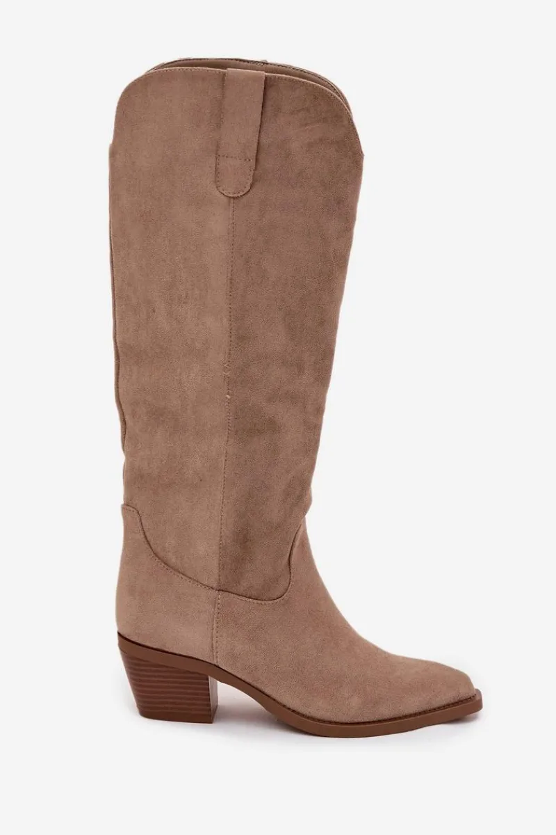 New Kozaki Kowbojki Damskie Na Obcasie Z Eko Zamszu Beżowe Esmira Damskie Kozaki Na Słupku|Kozaki Przed Kolano