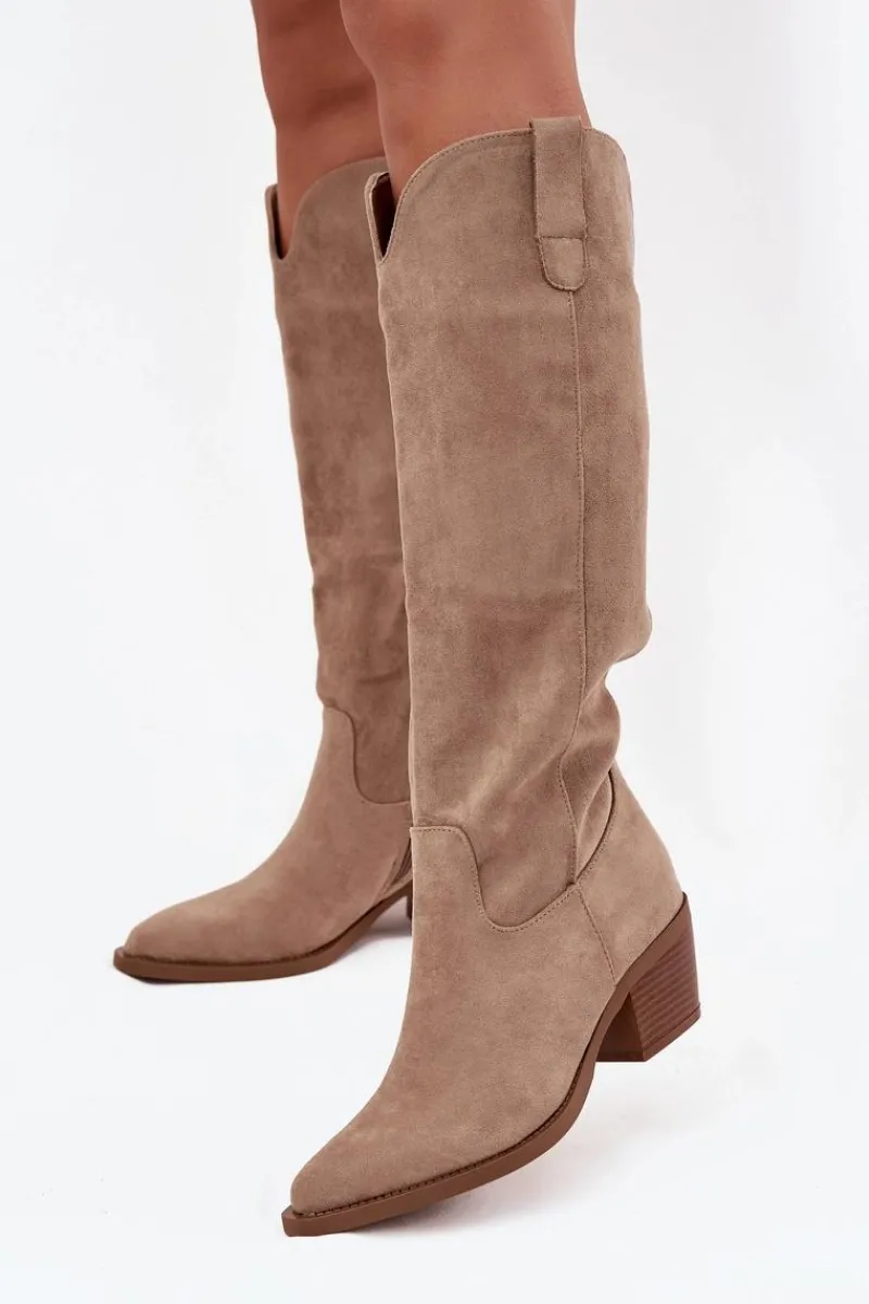 New Kozaki Kowbojki Damskie Na Obcasie Z Eko Zamszu Beżowe Esmira Damskie Kozaki Na Słupku|Kozaki Przed Kolano