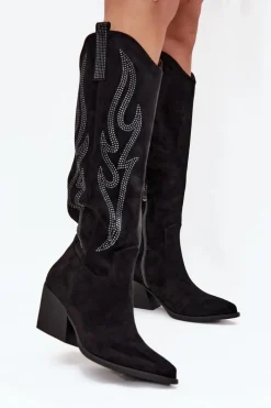 Kozaki Ocieplane|Kozaki Na Słupku>Boto Kozaki Kowbojki Damskie Ze Zdobieniem Na Słupku Czarne Jovina Czarny