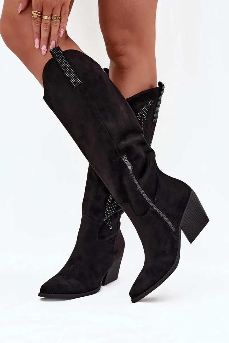 Kozaki Ocieplane|Kozaki Na Słupku>Boto Kozaki Kowbojki Damskie Ze Zdobieniem Na Słupku Czarne Jovina Czarny