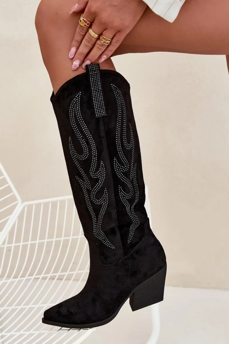 Kozaki Ocieplane|Kozaki Na Słupku>Boto Kozaki Kowbojki Damskie Ze Zdobieniem Na Słupku Czarne Jovina Czarny