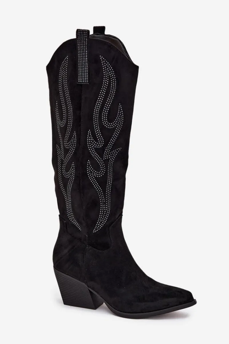 Kozaki Ocieplane|Kozaki Na Słupku>Boto Kozaki Kowbojki Damskie Ze Zdobieniem Na Słupku Czarne Jovina Czarny
