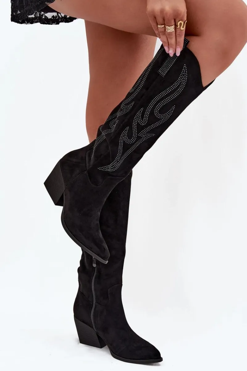 Kozaki Ocieplane|Kozaki Na Słupku>Boto Kozaki Kowbojki Damskie Ze Zdobieniem Na Słupku Czarne Jovina Czarny