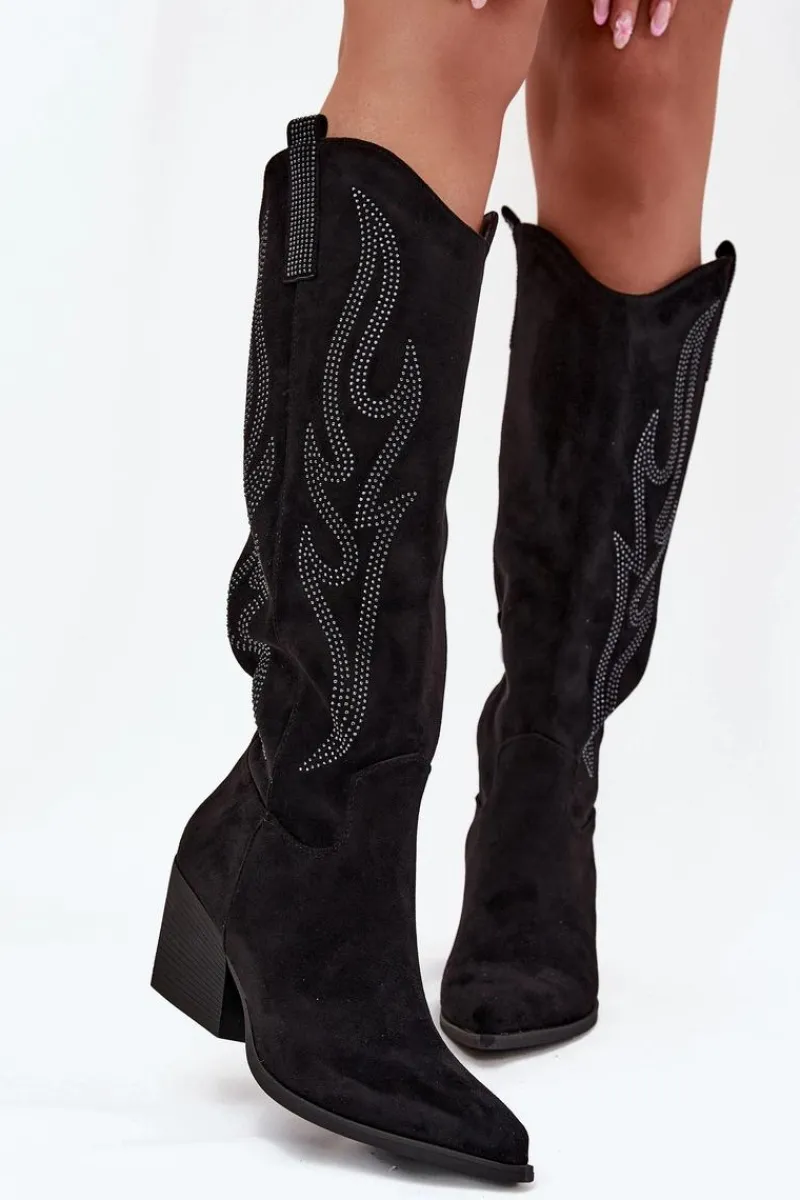 Kozaki Ocieplane|Kozaki Na Słupku>Boto Kozaki Kowbojki Damskie Ze Zdobieniem Na Słupku Czarne Jovina Czarny