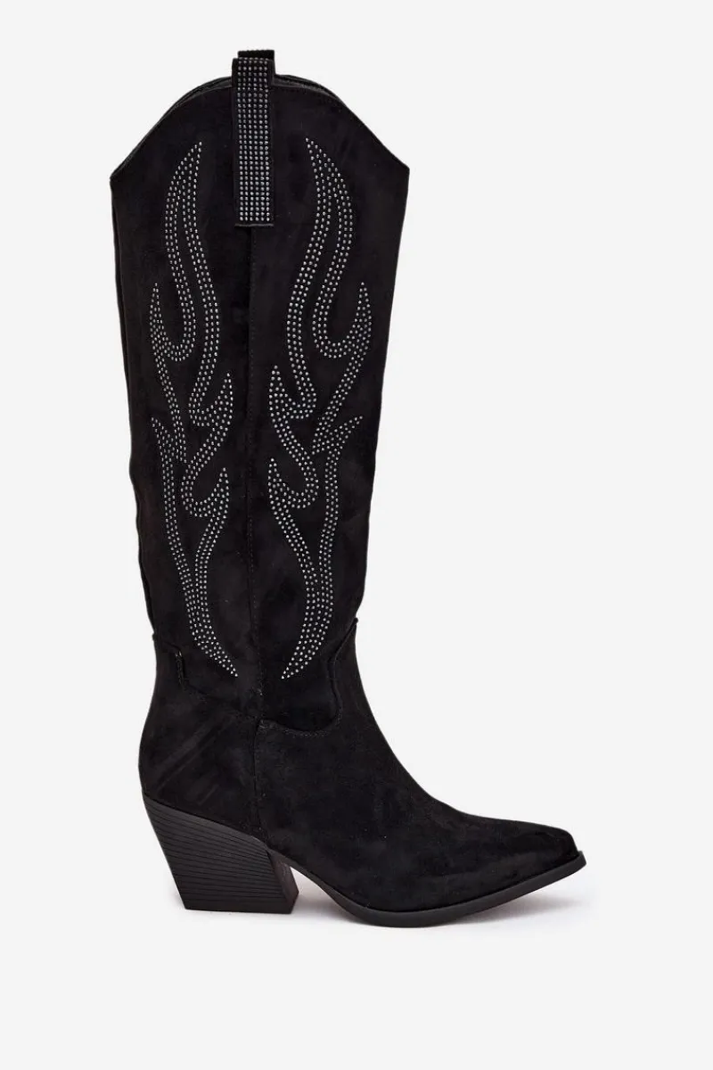 Kozaki Ocieplane|Kozaki Na Słupku>Boto Kozaki Kowbojki Damskie Ze Zdobieniem Na Słupku Czarne Jovina Czarny