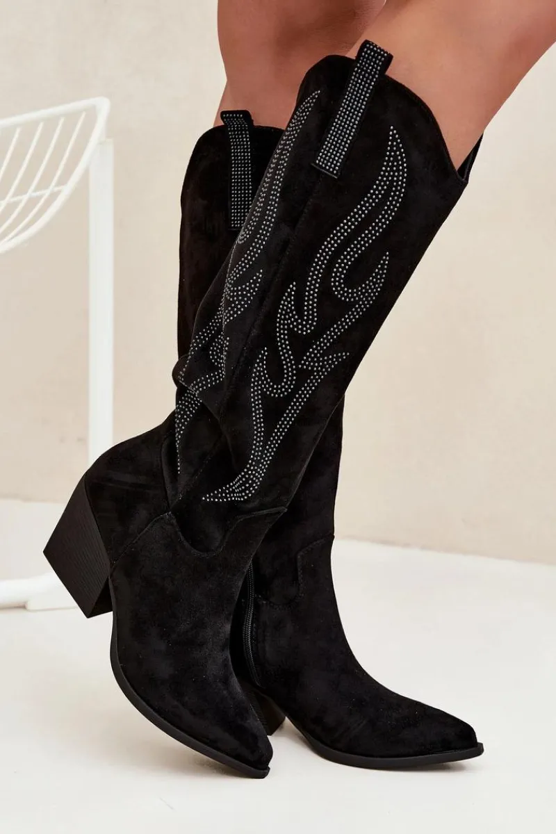 Kozaki Ocieplane|Kozaki Na Słupku>Boto Kozaki Kowbojki Damskie Ze Zdobieniem Na Słupku Czarne Jovina Czarny