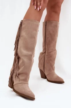 Online Kozaki Kowbojki Damskie Z Frędzlami Na Słupku Beżowe Tivara Damskie Kozaki Ocieplane|Kozaki Na Słupku