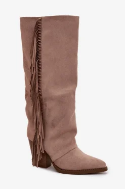 Online Kozaki Kowbojki Damskie Z Frędzlami Na Słupku Beżowe Tivara Damskie Kozaki Ocieplane|Kozaki Na Słupku