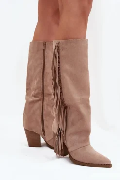 Online Kozaki Kowbojki Damskie Z Frędzlami Na Słupku Beżowe Tivara Damskie Kozaki Ocieplane|Kozaki Na Słupku