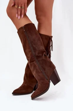 Outlet Boto Kozaki Kowbojki Damskie Z Frędzlami Na Słupku Brązowe Tivara