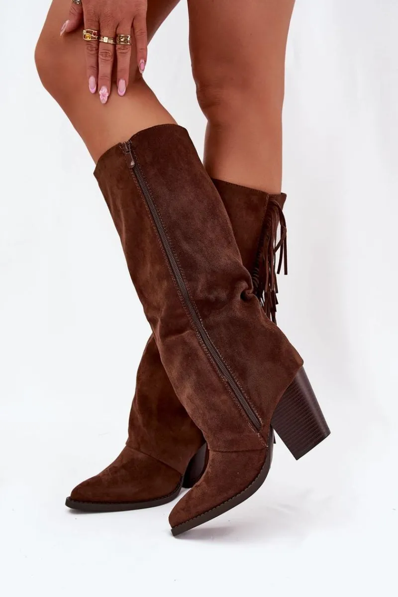 Outlet Boto Kozaki Kowbojki Damskie Z Frędzlami Na Słupku Brązowe Tivara