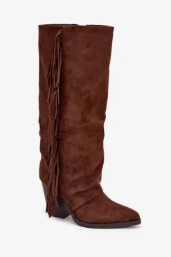 Outlet Boto Kozaki Kowbojki Damskie Z Frędzlami Na Słupku Brązowe Tivara