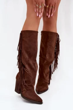 Outlet Boto Kozaki Kowbojki Damskie Z Frędzlami Na Słupku Brązowe Tivara