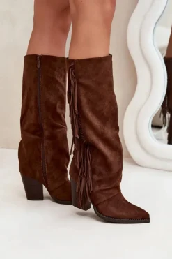 Outlet Boto Kozaki Kowbojki Damskie Z Frędzlami Na Słupku Brązowe Tivara