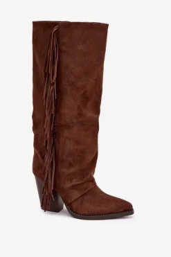 Outlet Boto Kozaki Kowbojki Damskie Z Frędzlami Na Słupku Brązowe Tivara