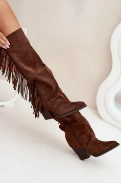 Outlet Boto Kozaki Kowbojki Damskie Z Frędzlami Na Słupku Brązowe Tivara