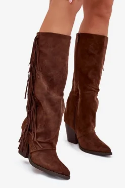Outlet Boto Kozaki Kowbojki Damskie Z Frędzlami Na Słupku Brązowe Tivara