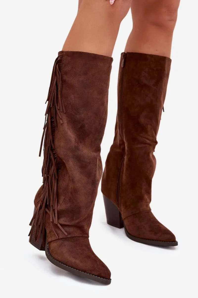 Outlet Boto Kozaki Kowbojki Damskie Z Frędzlami Na Słupku Brązowe Tivara