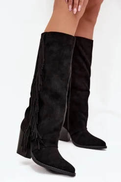 Kozaki Ocieplane|Kozaki Na Słupku>Boto Kozaki Kowbojki Damskie Z Frędzlami Na Słupku Czarne Tivara Czarny