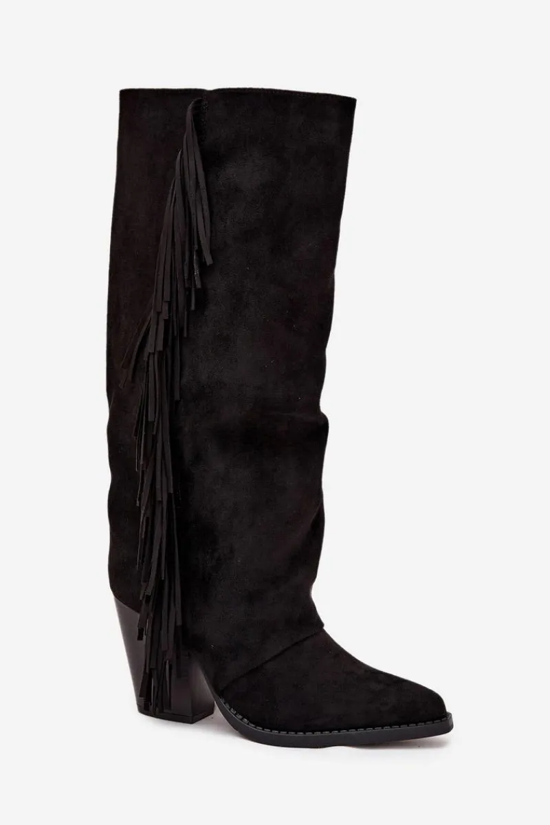 Kozaki Ocieplane|Kozaki Na Słupku>Boto Kozaki Kowbojki Damskie Z Frędzlami Na Słupku Czarne Tivara Czarny