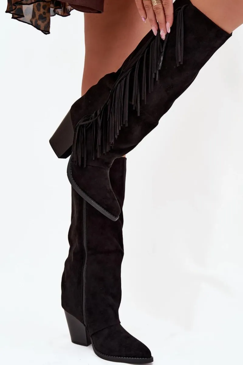 Kozaki Ocieplane|Kozaki Na Słupku>Boto Kozaki Kowbojki Damskie Z Frędzlami Na Słupku Czarne Tivara Czarny