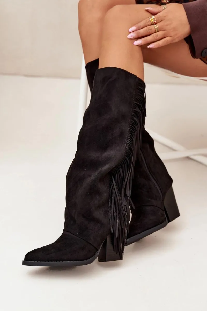 Kozaki Ocieplane|Kozaki Na Słupku>Boto Kozaki Kowbojki Damskie Z Frędzlami Na Słupku Czarne Tivara Czarny