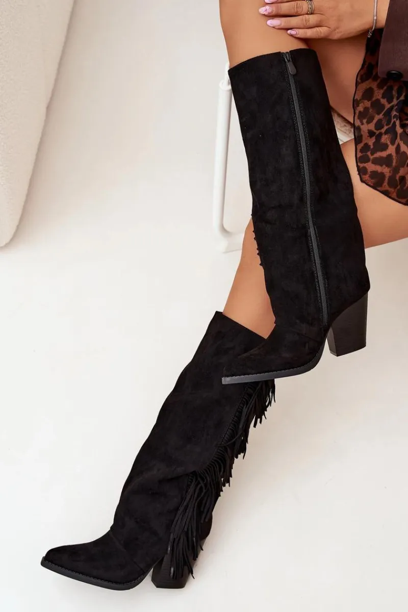 Kozaki Ocieplane|Kozaki Na Słupku>Boto Kozaki Kowbojki Damskie Z Frędzlami Na Słupku Czarne Tivara Czarny