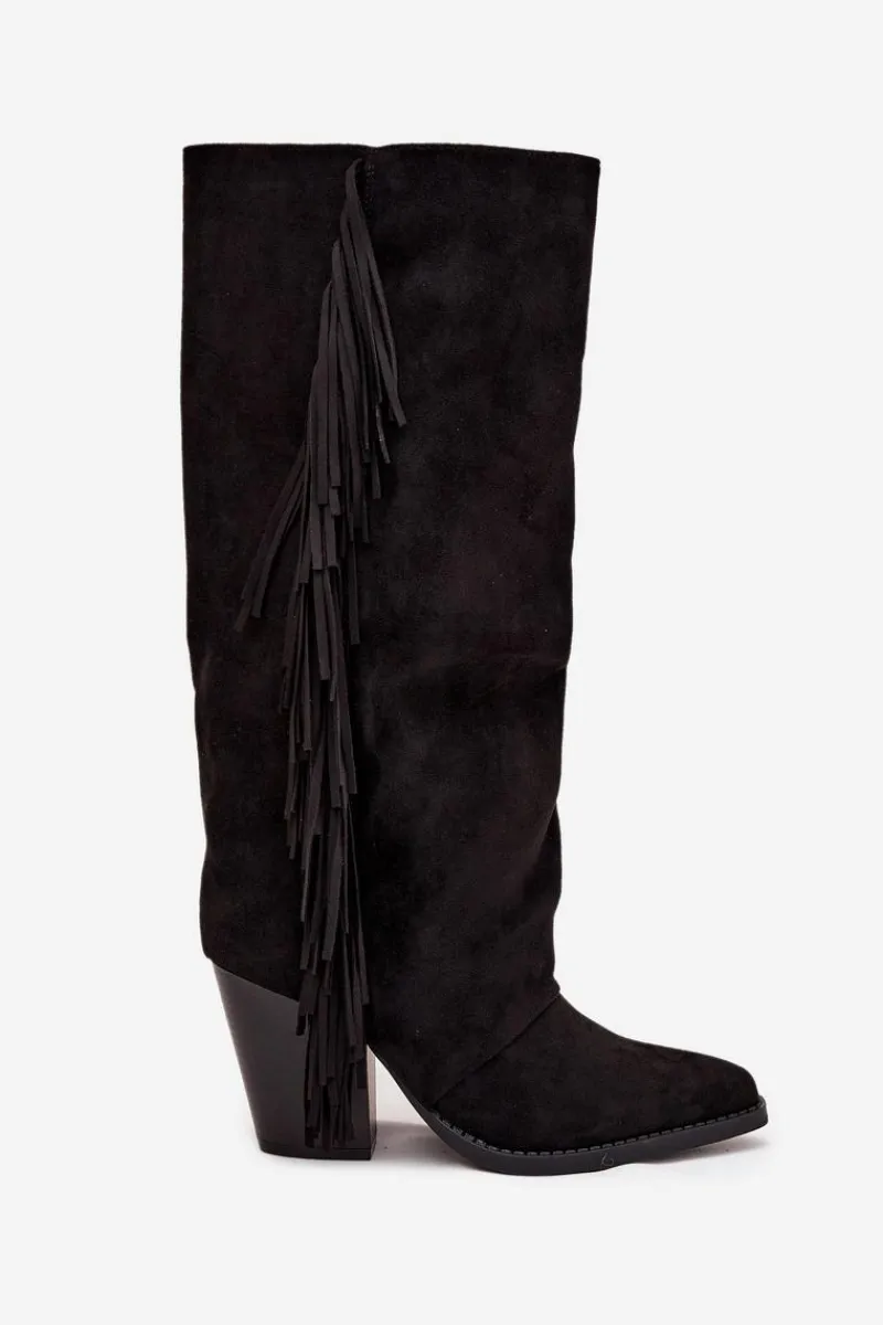 Kozaki Ocieplane|Kozaki Na Słupku>Boto Kozaki Kowbojki Damskie Z Frędzlami Na Słupku Czarne Tivara Czarny
