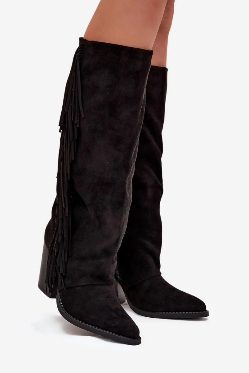 Kozaki Ocieplane|Kozaki Na Słupku>Boto Kozaki Kowbojki Damskie Z Frędzlami Na Słupku Czarne Tivara Czarny