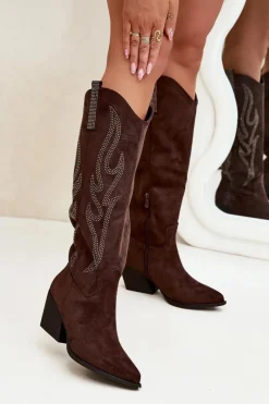 Hot Boto Kozaki Kowbojki Damskie Ze Zdobieniem Na Słupku Czekoladowe Jovina Brązowy