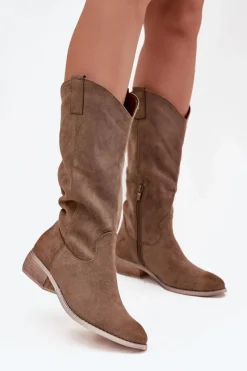 Boto Kozaki Kowbojki Na Niskim Obcasie Z Eko Zamszu Ciemnobeżowe Cherrie Beżowy