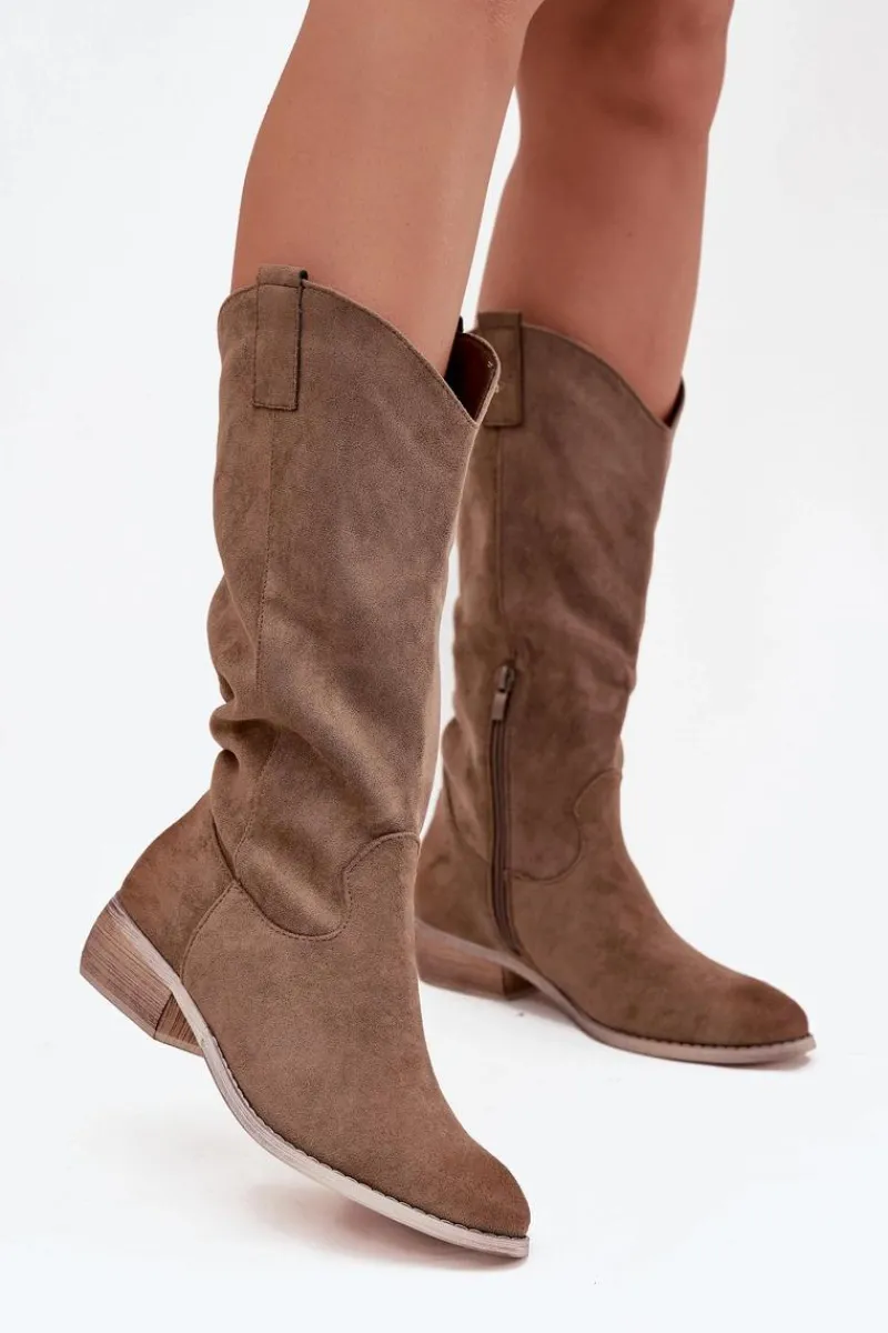 Boto Kozaki Kowbojki Na Niskim Obcasie Z Eko Zamszu Ciemnobeżowe Cherrie Beżowy