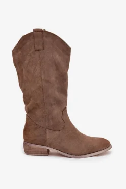 Boto Kozaki Kowbojki Na Niskim Obcasie Z Eko Zamszu Ciemnobeżowe Cherrie Beżowy