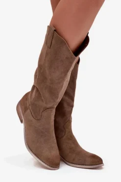 Boto Kozaki Kowbojki Na Niskim Obcasie Z Eko Zamszu Ciemnobeżowe Cherrie Beżowy