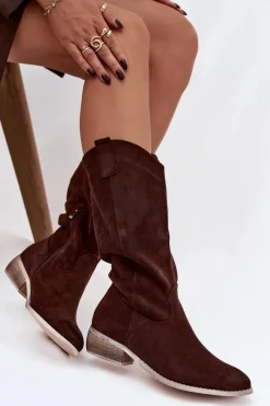 Kozaki Przed Kolano|Kozaki Na Obcasie>Boto Kozaki Kowbojki Na Niskim Obcasie Z Eko Zamszu Czekoladowe Cherrie Brązowy