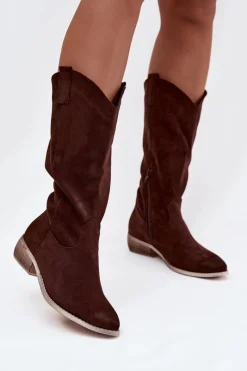 Kozaki Przed Kolano|Kozaki Na Obcasie>Boto Kozaki Kowbojki Na Niskim Obcasie Z Eko Zamszu Czekoladowe Cherrie Brązowy
