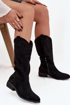 Hot Kozaki Kowbojki Na Niskim Obcasie Z Eko Zamszu Czarne Cherrie Damskie Kozaki Przed Kolano|Kozaki Na Obcasie