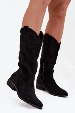 Hot Kozaki Kowbojki Na Niskim Obcasie Z Eko Zamszu Czarne Cherrie Damskie Kozaki Przed Kolano|Kozaki Na Obcasie