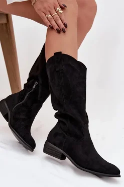 Hot Kozaki Kowbojki Na Niskim Obcasie Z Eko Zamszu Czarne Cherrie Damskie Kozaki Przed Kolano|Kozaki Na Obcasie