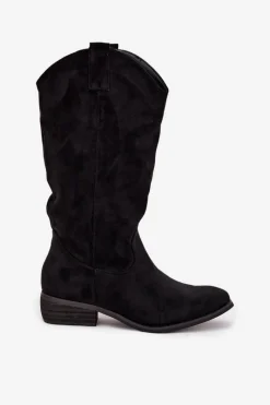 Hot Kozaki Kowbojki Na Niskim Obcasie Z Eko Zamszu Czarne Cherrie Damskie Kozaki Przed Kolano|Kozaki Na Obcasie