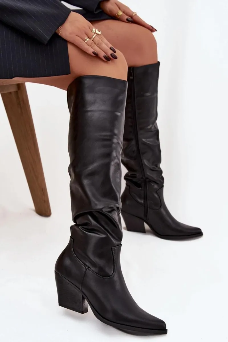 Outlet Kozaki Kowbojki Na Obcasie Z Marszczeniem Ocieplane Czarne Rosvian Damskie Kozaki Ocieplane|Kozaki Na Słupku