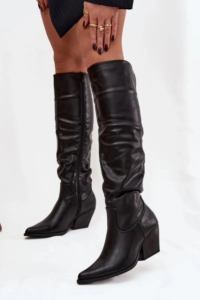 Outlet Kozaki Kowbojki Na Obcasie Z Marszczeniem Ocieplane Czarne Rosvian Damskie Kozaki Ocieplane|Kozaki Na Słupku